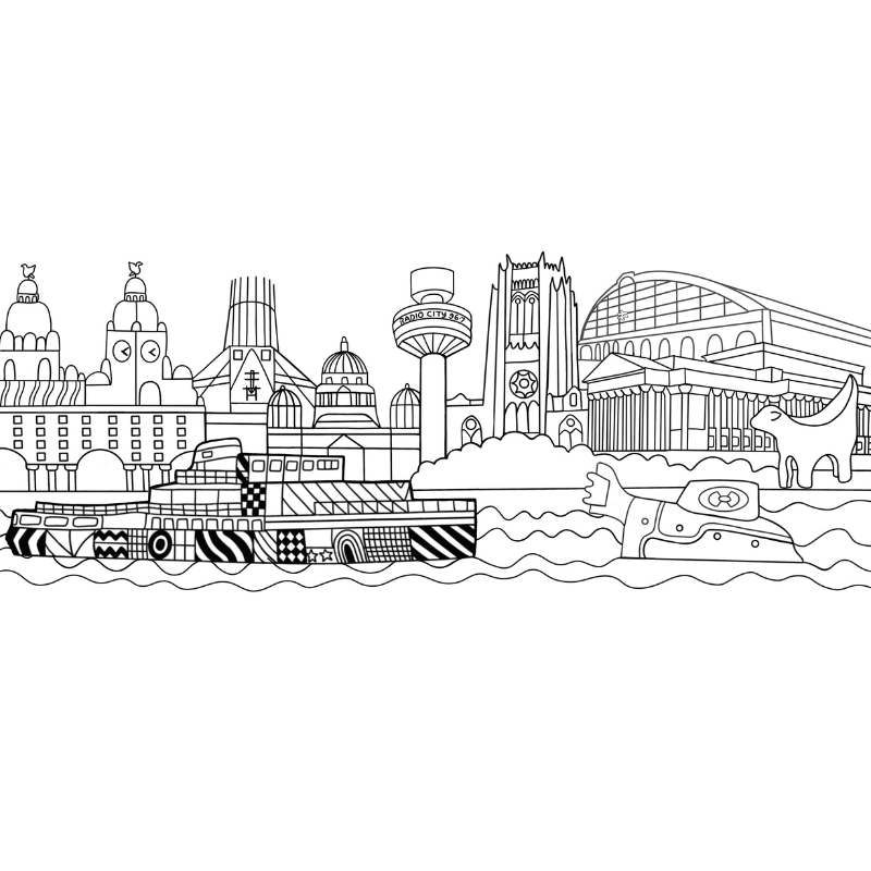 A black and white drawing of the Liverpool skyline